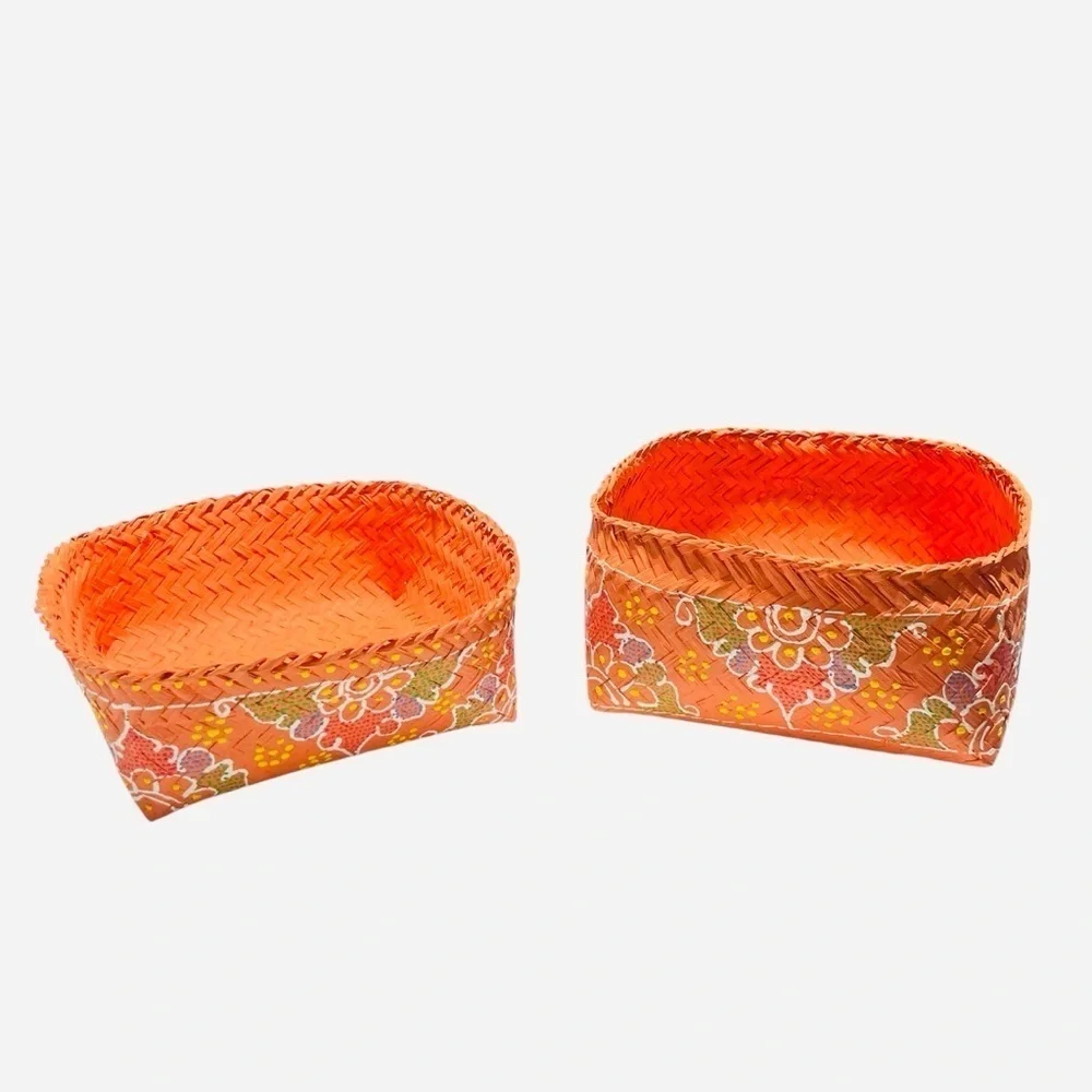 Vintage Orange Indonesian Hand Painted Offering Basket With Lid 7